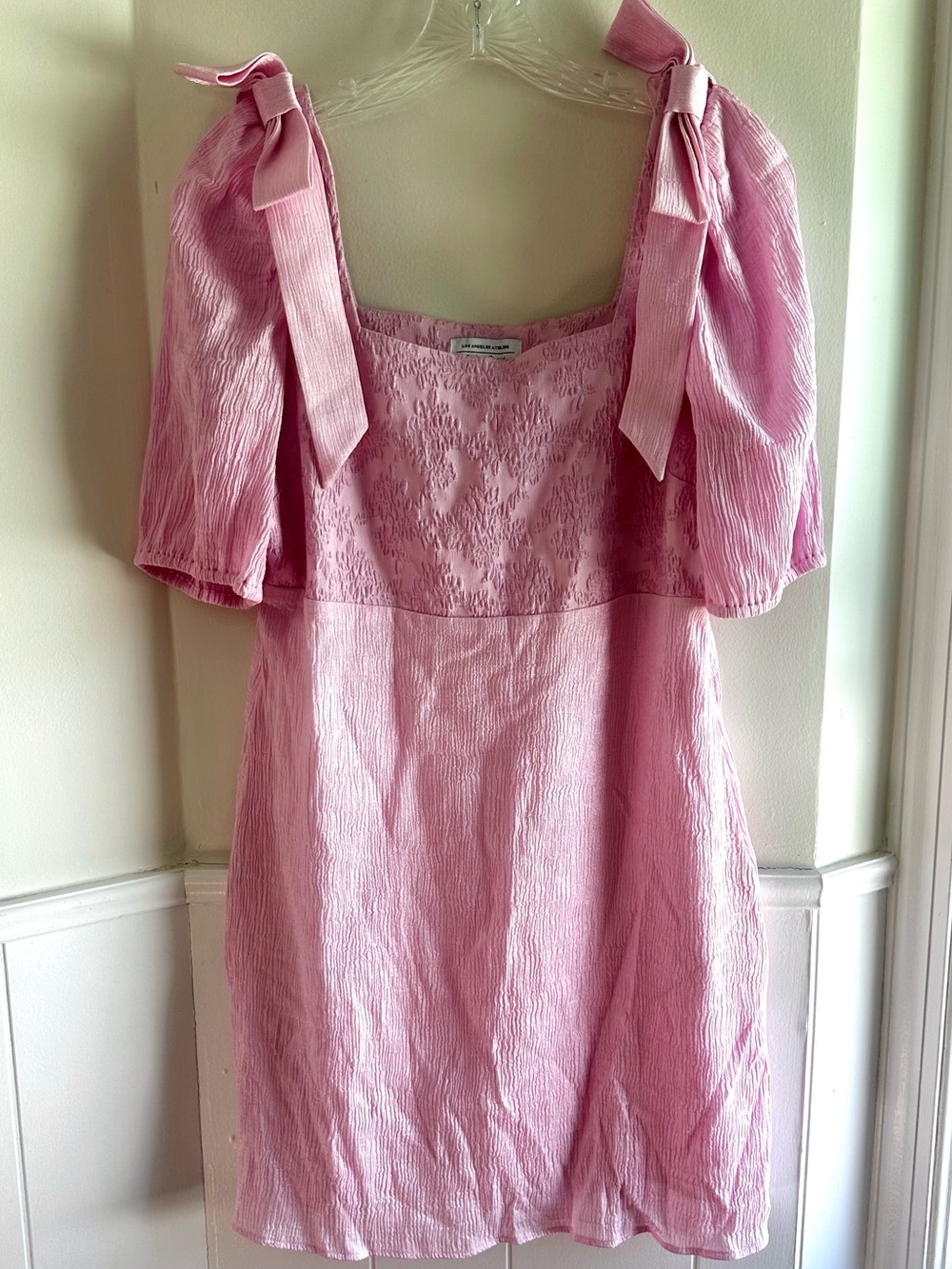 & Other Stories Shimmer Pink Bow Puff Sleeve Mini Dress Size M UK 40